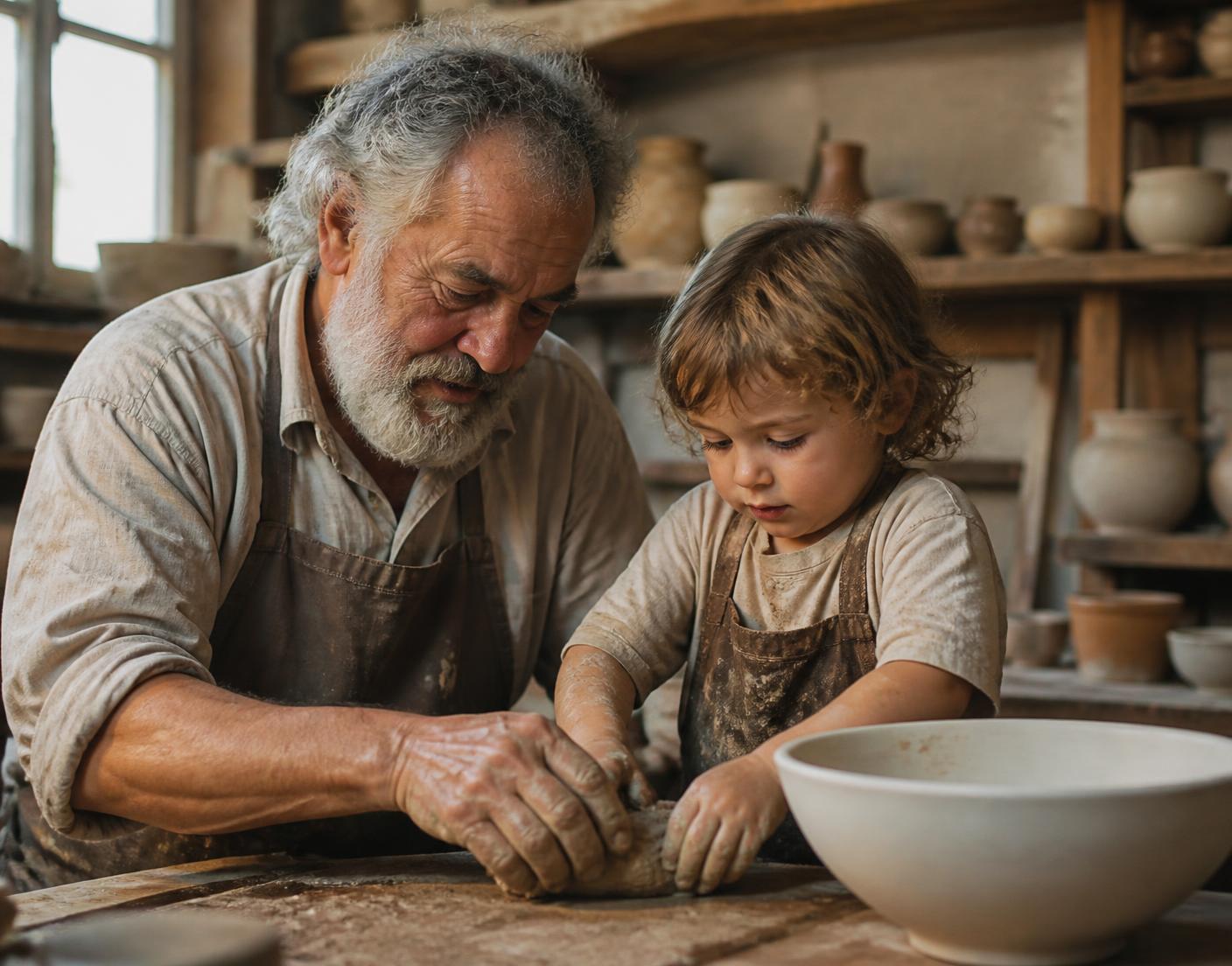Un artigiano e un bambino modellano l'argilla in un laboratorio di ceramica